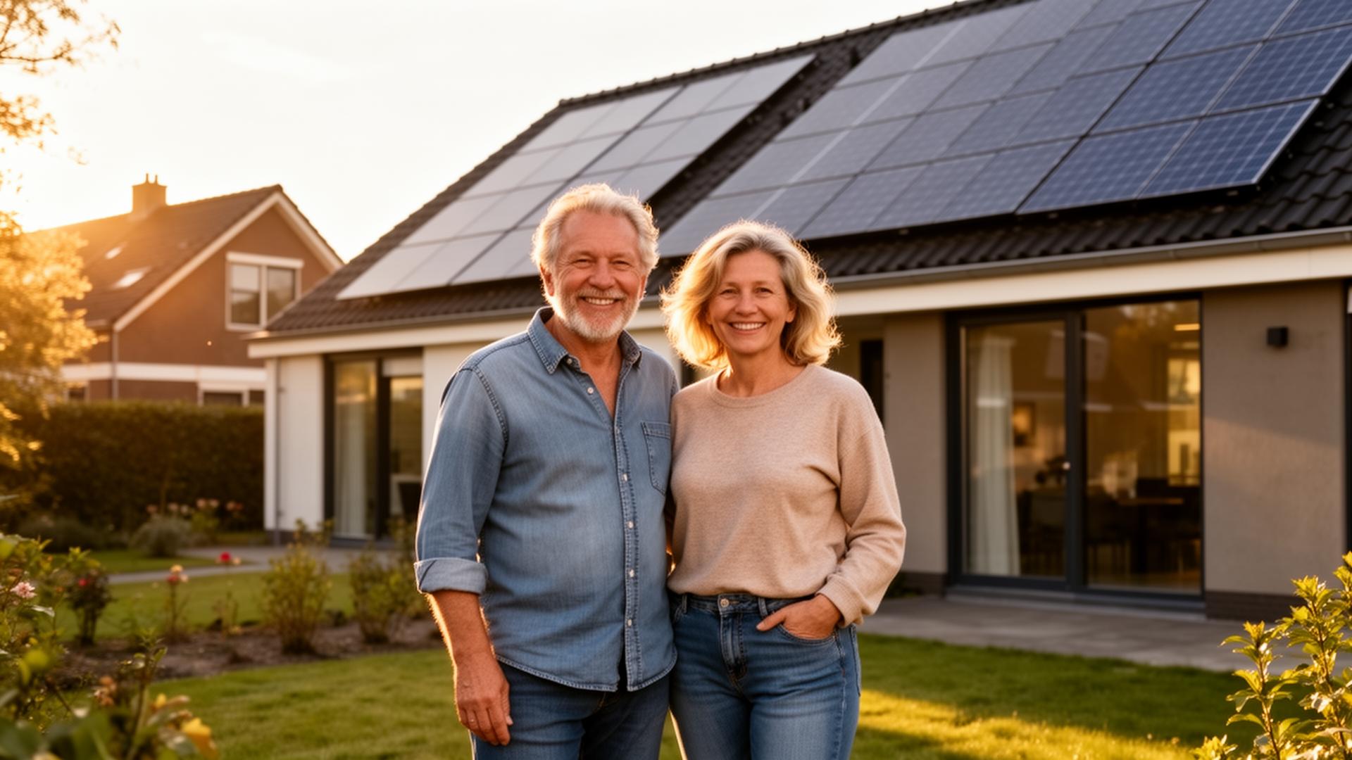 Nederlands echtpaar voor hun moderne woning met zonnepanelen op het dak